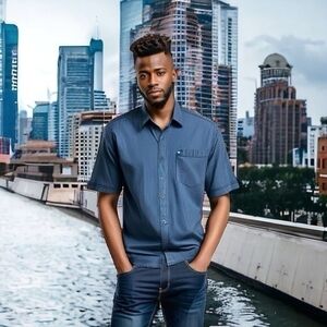 Angelo Litrico Men's Blue Grey Stripe Button Front Shirt 2XL Cotton Short Sleeve